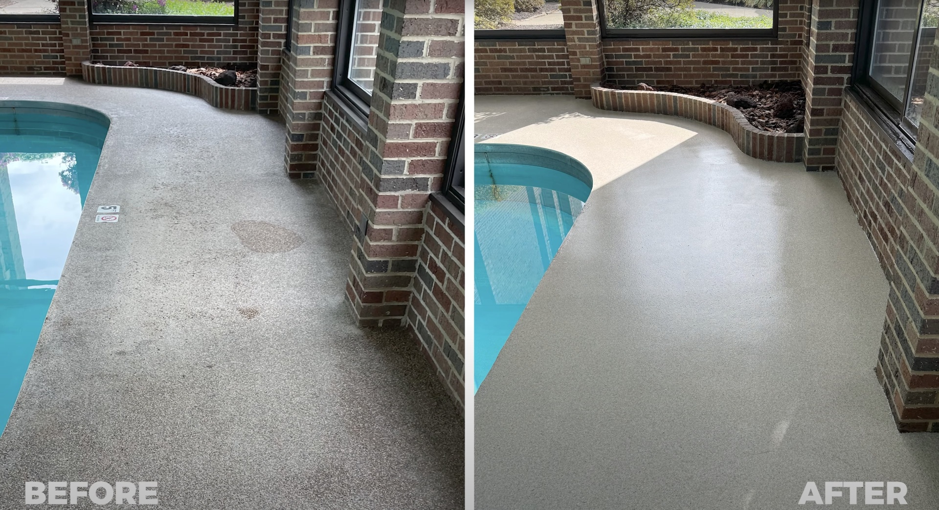 Pool deck concrete resurfacing transformation showing professional results Before and after concrete pool deck resurfacing showing dramatic improvement